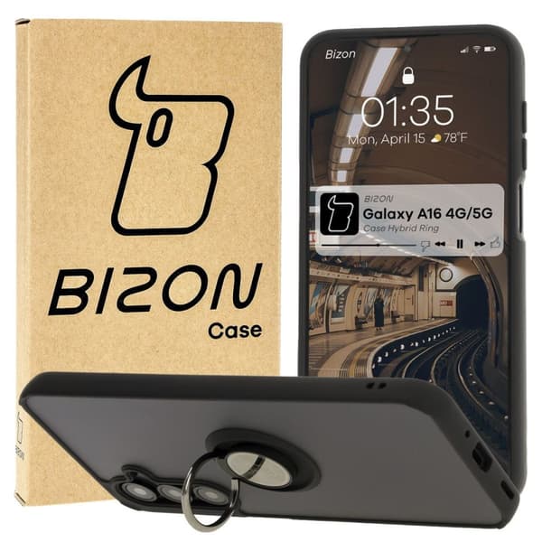 Bizon Case Hybrid Ring Fingerring-cover til Galaxy A16 4G/5G, røgfarvet med sort ramme