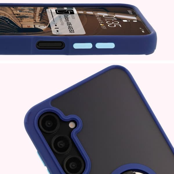 Bizon Case Hybrid Ring Fingerringfodral för Galaxy A16 4G/5G, Rökfärgad med Marinblå Ram