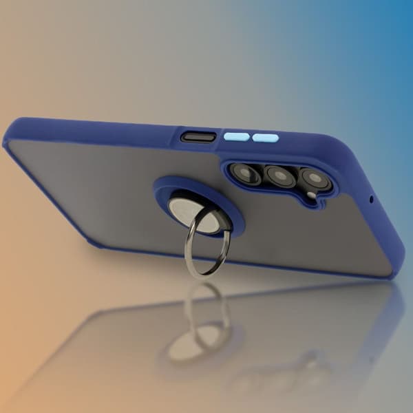 Bizon Case Hybrid Ring Fingerringfodral för Galaxy A16 4G/5G, Rökfärgad med Marinblå Ram