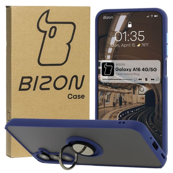 Bizon Case Hybrid Ring Fingerring-cover til Galaxy A16 4G/5G, røgfarvet med marineblå ramme