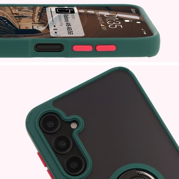Bizon Case Hybrid Ring Fingerringfodral för Galaxy A16 4G/5G, Rökfärgad med Mörkgrön Ram