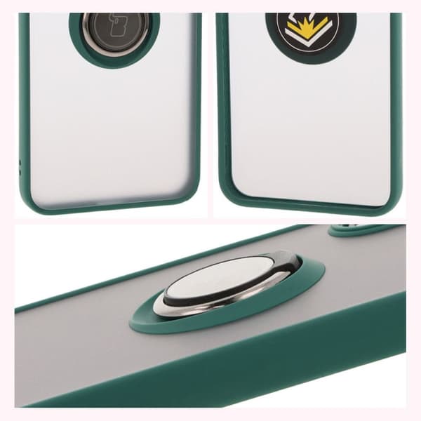Bizon Case Hybrid Ring Fingerringfodral för Galaxy A16 4G/5G, Rökfärgad med Mörkgrön Ram