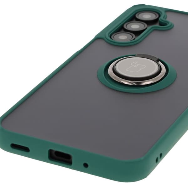 Bizon Case Hybrid Ring Fingerringfodral för Galaxy A16 4G/5G, Rökfärgad med Mörkgrön Ram