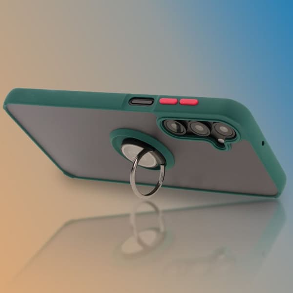Bizon Case Hybrid Ring Fingerringfodral för Galaxy A16 4G/5G, Rökfärgad med Mörkgrön Ram