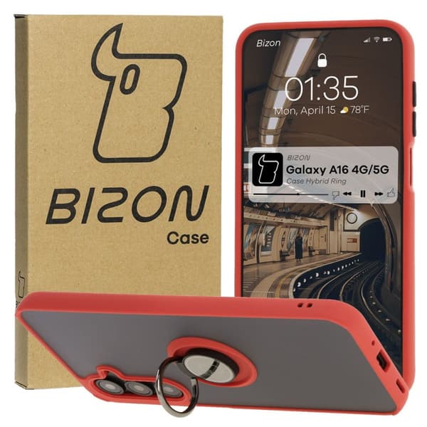 Bizon Case Hybrid Ring Fingerring Cover til Galaxy A16 4G/5G, Røgfarvet med Rød Ramme
