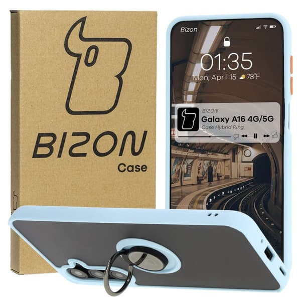 Bizon Case Hybrid Ring Fingerring-cover til Galaxy A16 4G/5G, røgfarvet med lyseblå ramme