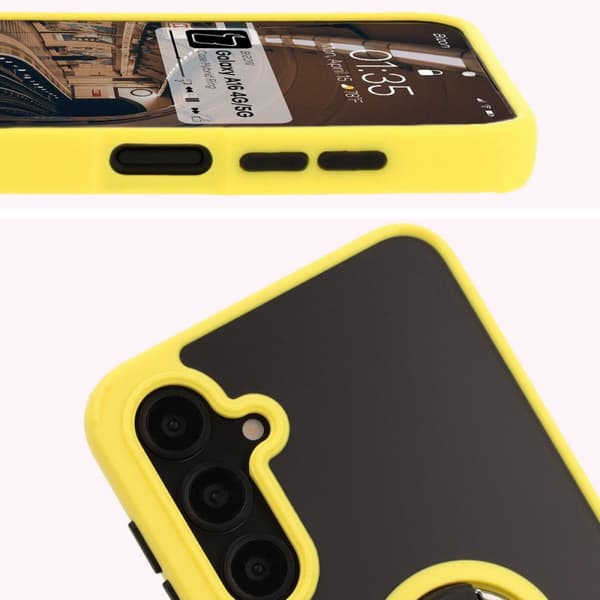 Bizon Case Hybrid Ring Fingerringfodral för Galaxy A16 4G/5G, Rökfärgad med Gul Ram
