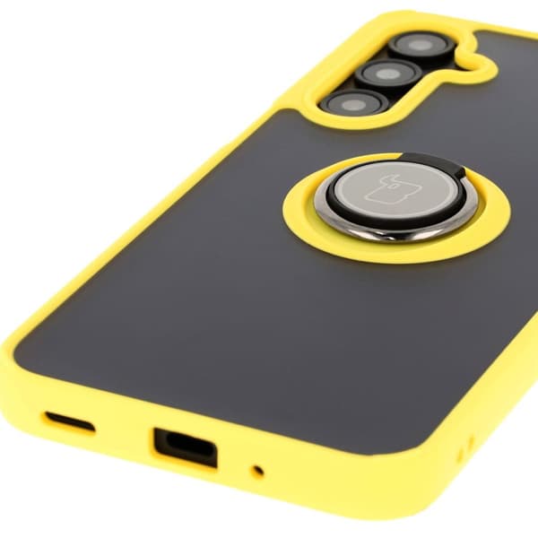 Bizon Case Hybrid Ring Fingerringfodral för Galaxy A16 4G/5G, Rökfärgad med Gul Ram