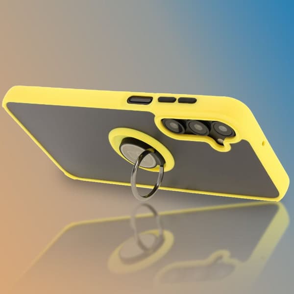 Bizon Case Hybrid Ring Fingerringfodral för Galaxy A16 4G/5G, Rökfärgad med Gul Ram