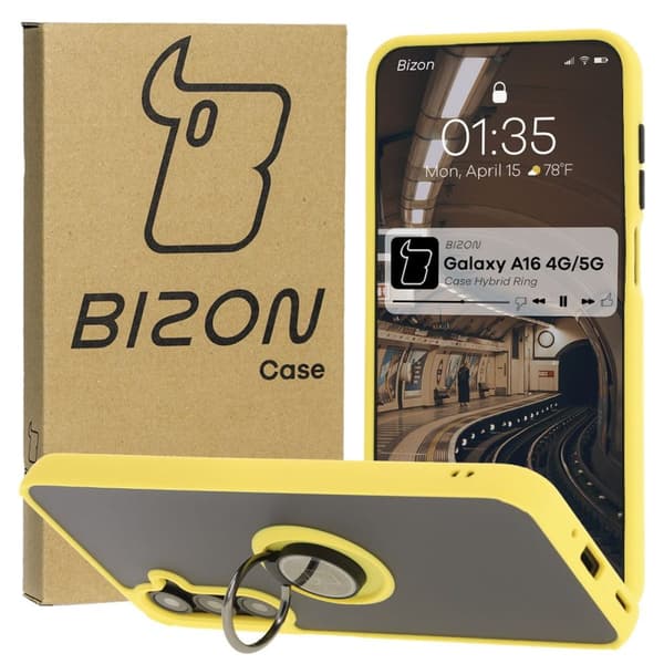 Bizon Case Hybrid Ring Fingerringfodral för Galaxy A16 4G/5G, Rökfärgad med Gul Ram