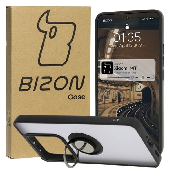 Bizon Case Hybrid Ringfingerringfodral för Xiaomi 14T, Rökfärgad med Svart Ram