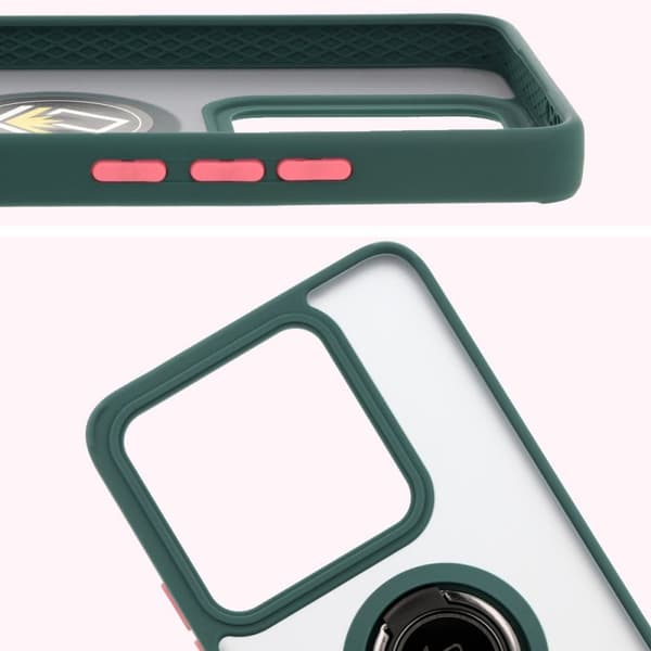 Bizon Case Hybrid Ringfingerringfodral för Xiaomi 14T, rökfärgad med mörkgrön ram