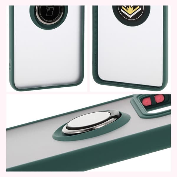 Bizon Case Hybrid Ringfingerringfodral för Xiaomi 14T, rökfärgad med mörkgrön ram