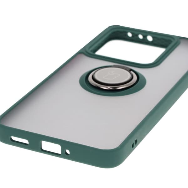 Bizon Case Hybrid Ringfingerringfodral för Xiaomi 14T, rökfärgad med mörkgrön ram