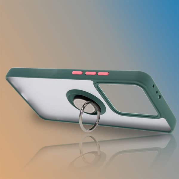 Bizon Case Hybrid Ringfingerringfodral för Xiaomi 14T, rökfärgad med mörkgrön ram