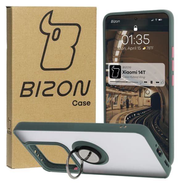 Bizon Case Hybrid Ringfingerringfodral för Xiaomi 14T, rökfärgad med mörkgrön ram