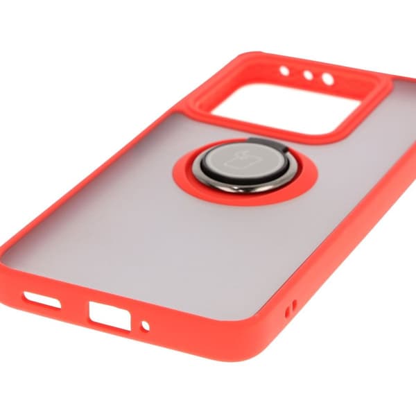 Bizon Case Hybrid Ring Fingerring Cover til Xiaomi 14T, Røgfarvet med Rød Ramme