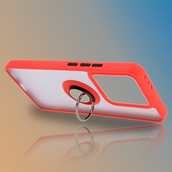 Bizon Case Hybrid Ring Fingerring Cover til Xiaomi 14T, Røgfarvet med Rød Ramme