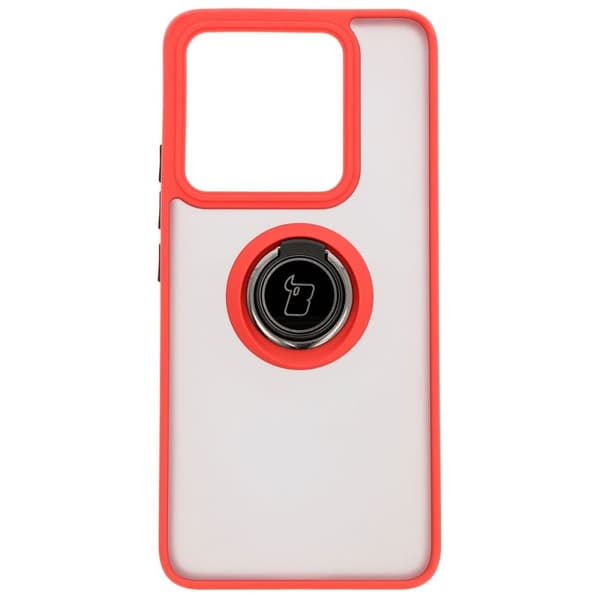 Bizon Case Hybrid Ring Fingerring Cover til Xiaomi 14T, Røgfarvet med Rød Ramme