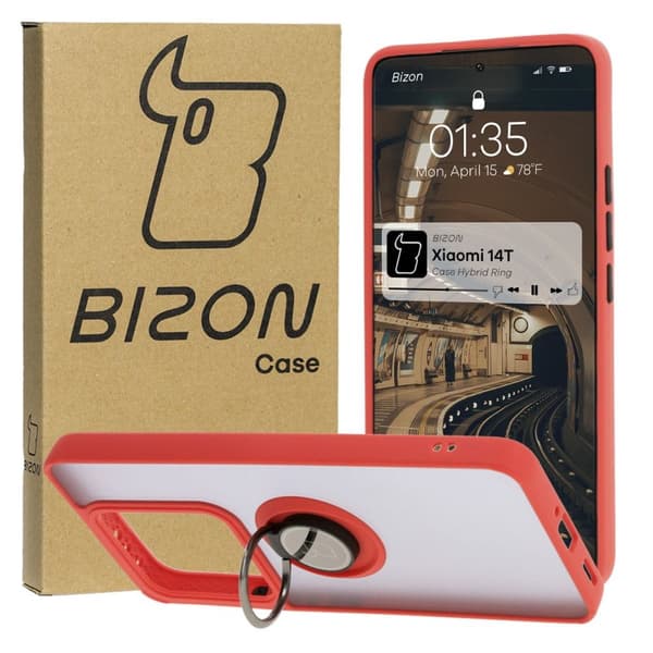Bizon Case Hybrid Ring Fingerring Cover til Xiaomi 14T, Røgfarvet med Rød Ramme