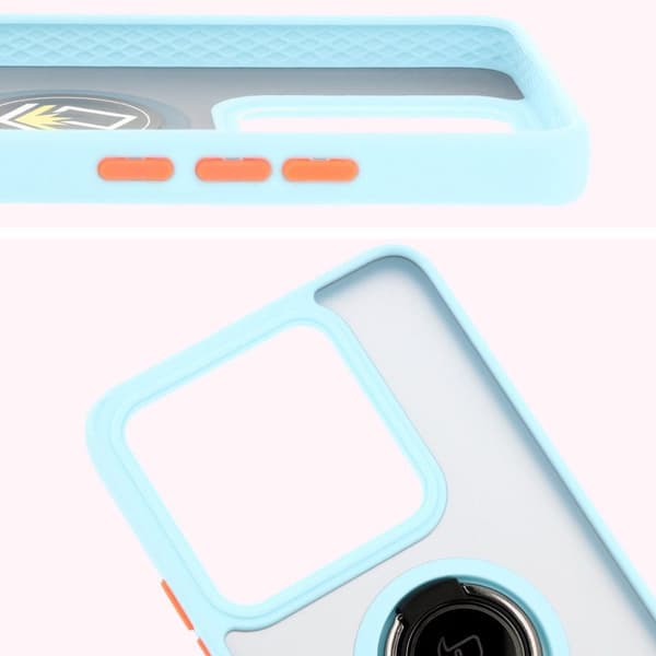 Bizon Case Hybrid Ringfingerringfodral för Xiaomi 14T, rökfärgad med ljusblå ram