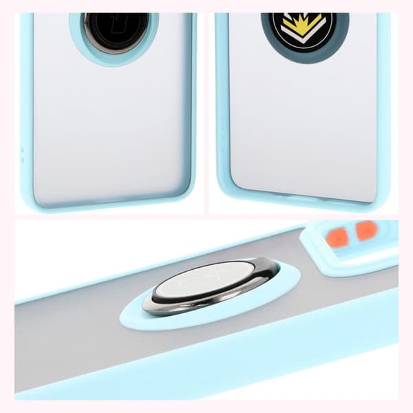 Bizon Case Hybrid Ringfingerringfodral för Xiaomi 14T, rökfärgad med ljusblå ram