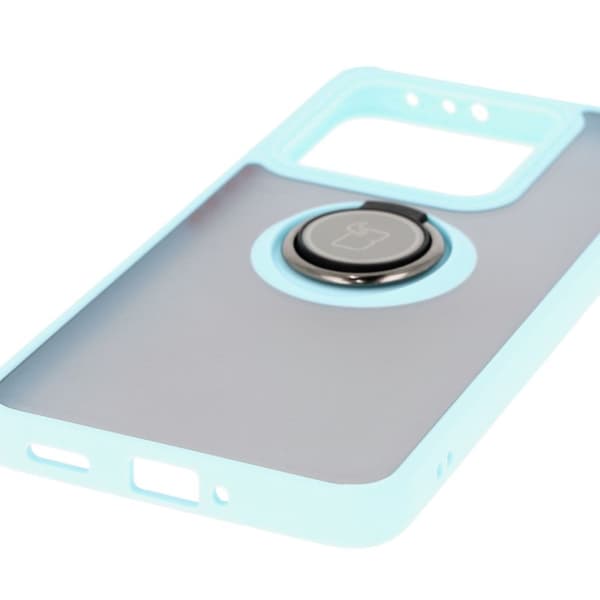Bizon Case Hybrid Ringfingerringfodral för Xiaomi 14T, rökfärgad med ljusblå ram