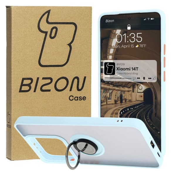 Bizon Case Hybrid Ringfingerringfodral för Xiaomi 14T, rökfärgad med ljusblå ram