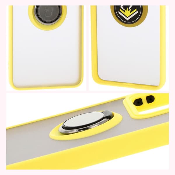 Bizon Case Hybrid Ring Fingerringfodral för Xiaomi 14T, Rökfärgad med Gul Ram