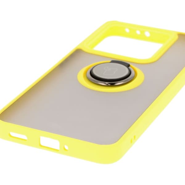 Bizon Case Hybrid Ring Fingerringfodral för Xiaomi 14T, Rökfärgad med Gul Ram