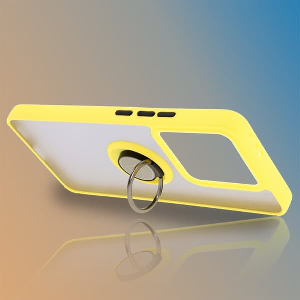Bizon Case Hybrid Ring Fingerringfodral för Xiaomi 14T, Rökfärgad med Gul Ram