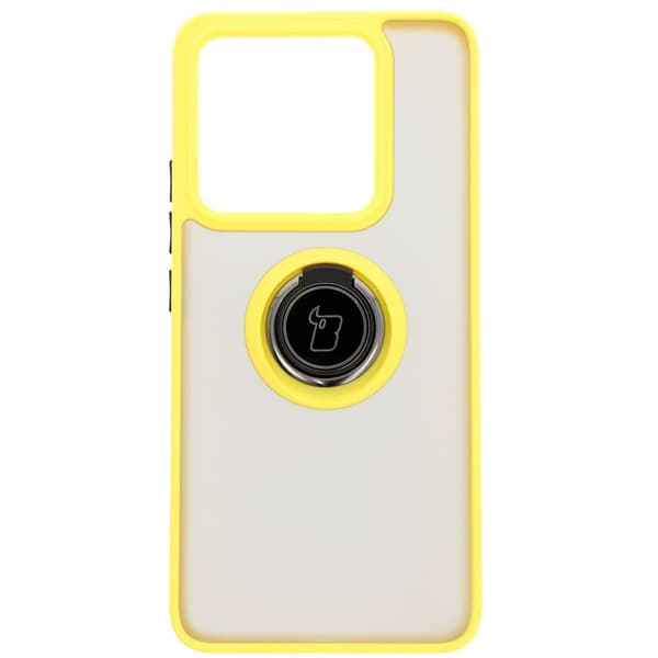 Bizon Case Hybrid Ring Fingerringfodral för Xiaomi 14T, Rökfärgad med Gul Ram