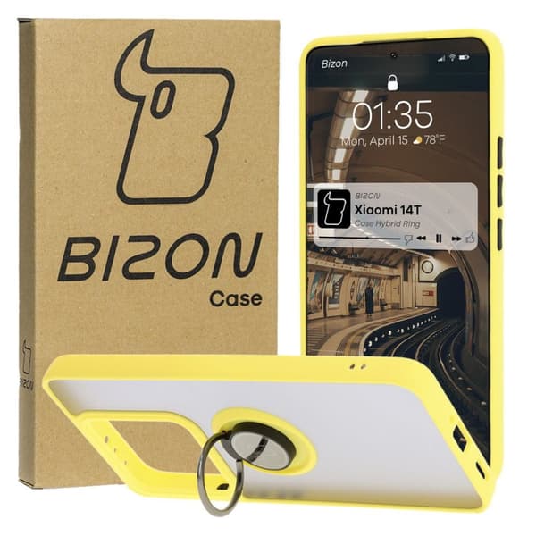 Bizon Case Hybrid Ring Fingerringfodral för Xiaomi 14T, Rökfärgad med Gul Ram