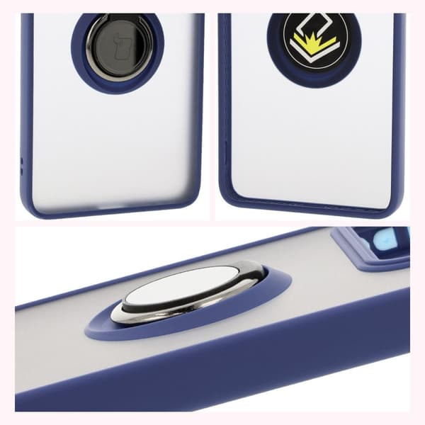 Bizon Case Hybrid Ring Fingerringfodral för Xiaomi 14T Pro, Rökfärgad med Marinblå Ram