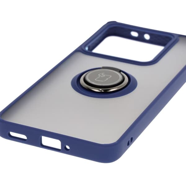 Bizon Case Hybrid Ring Fingerringfodral för Xiaomi 14T Pro, Rökfärgad med Marinblå Ram