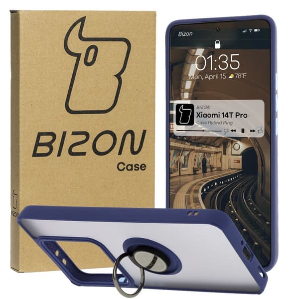 Bizon Case Hybrid Ring Fingerringfodral för Xiaomi 14T Pro, Rökfärgad med Marinblå Ram