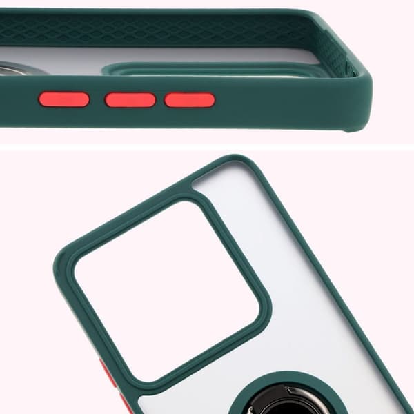 Bizon Case Hybrid Ring Fingerringfodral för Xiaomi 14T Pro, Rökfärgad med Mörkgrön Ram