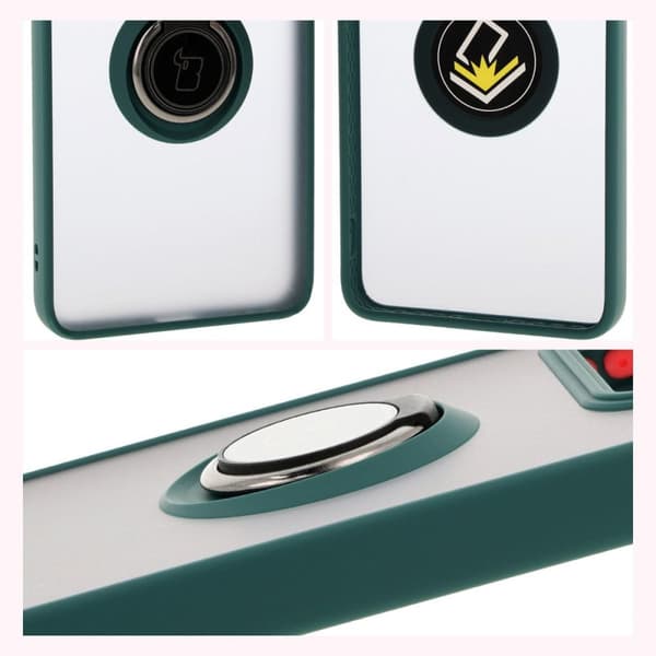 Bizon Case Hybrid Ring Fingerringfodral för Xiaomi 14T Pro, Rökfärgad med Mörkgrön Ram