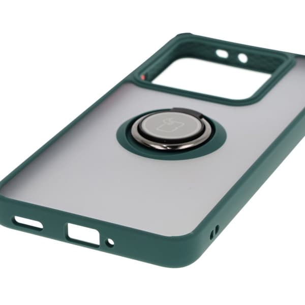 Bizon Case Hybrid Ring Fingerringfodral för Xiaomi 14T Pro, Rökfärgad med Mörkgrön Ram