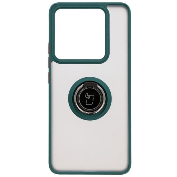 Bizon Case Hybrid Ring Fingerringfodral för Xiaomi 14T Pro, Rökfärgad med Mörkgrön Ram