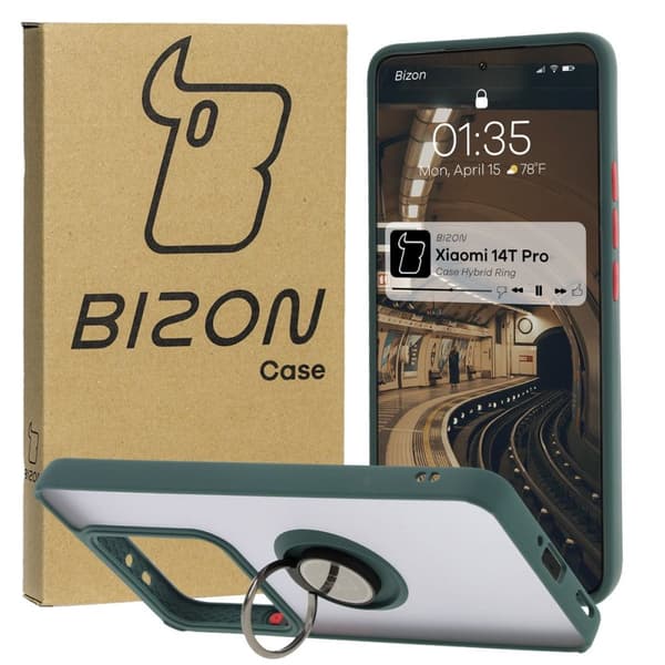Bizon Case Hybrid Ring Fingerringfodral för Xiaomi 14T Pro, Rökfärgad med Mörkgrön Ram