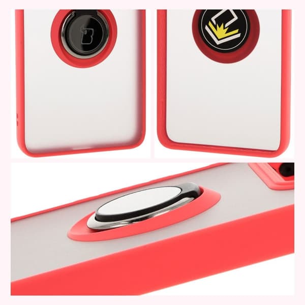 Bizon Case Hybrid Ring Fingerringfodral för Xiaomi 14T Pro, Rökfärgad med Röd Ram