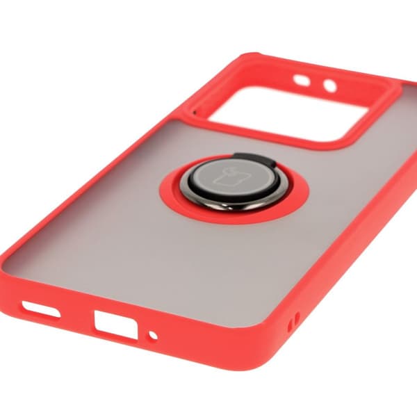 Bizon Case Hybrid Ring Fingerringfodral för Xiaomi 14T Pro, Rökfärgad med Röd Ram