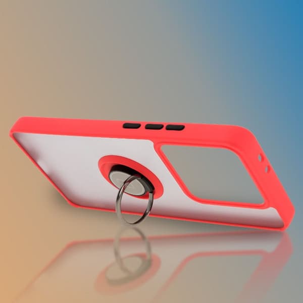 Bizon Case Hybrid Ring Fingerringfodral för Xiaomi 14T Pro, Rökfärgad med Röd Ram