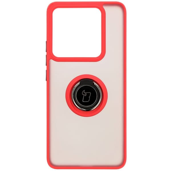 Bizon Case Hybrid Ring Fingerringfodral för Xiaomi 14T Pro, Rökfärgad med Röd Ram