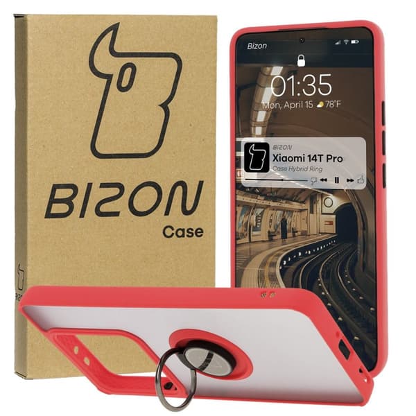 Bizon Case Hybrid Ring Fingerringfodral för Xiaomi 14T Pro, Rökfärgad med Röd Ram