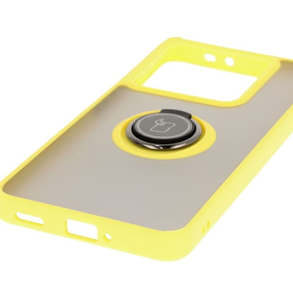 Bizon Case Hybrid Ring Fingerringfodral för Xiaomi 14T Pro, Rökfärgad med Gul Ram