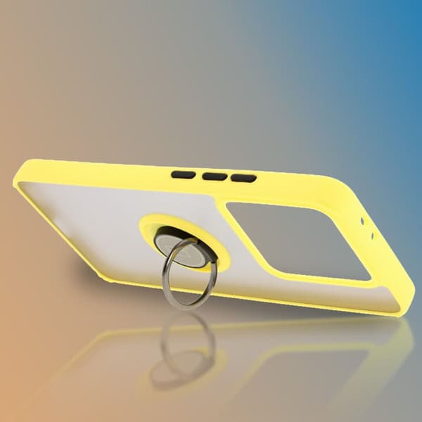 Bizon Case Hybrid Ring Fingerringfodral för Xiaomi 14T Pro, Rökfärgad med Gul Ram