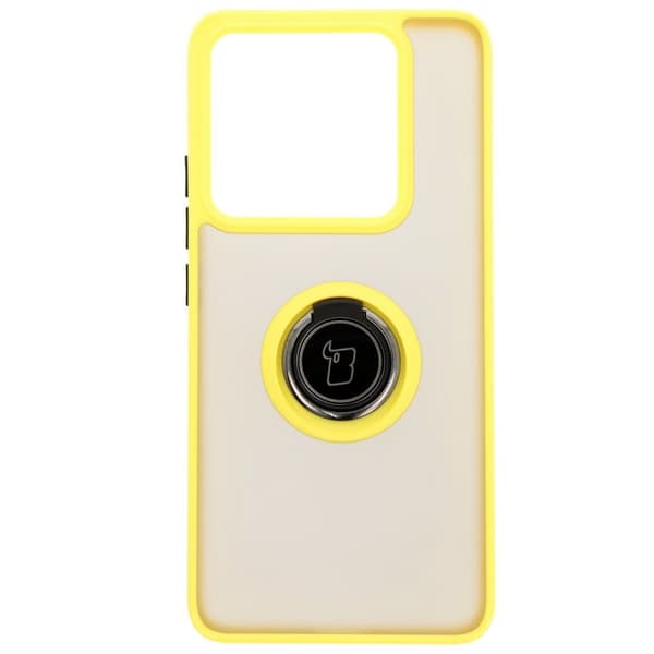 Bizon Case Hybrid Ring Fingerringfodral för Xiaomi 14T Pro, Rökfärgad med Gul Ram