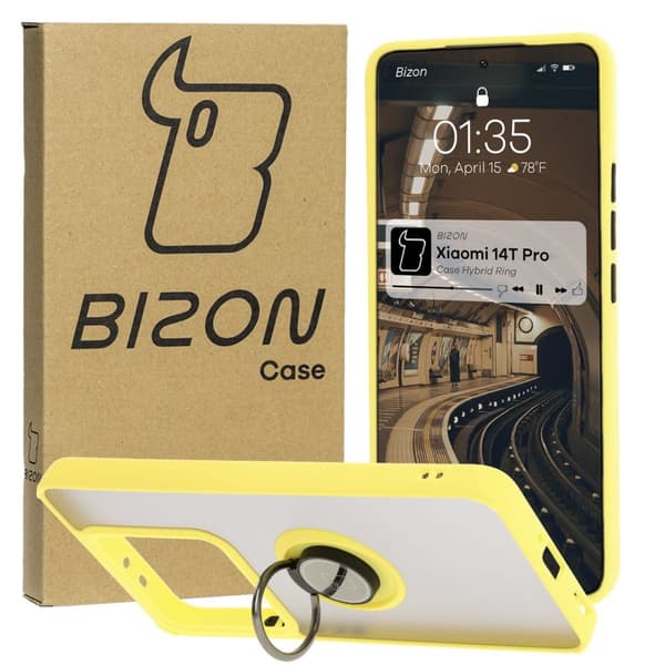 Bizon Case Hybrid Ring Fingerringfodral för Xiaomi 14T Pro, Rökfärgad med Gul Ram
